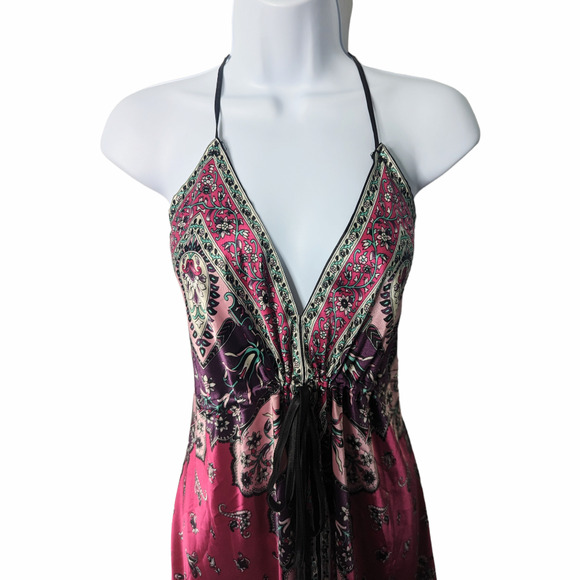 Vintage Y2K Boho Paisley Slip Dress Pink Black Handkerchief Hem Spaghetti Strap - Picture 3 of 10